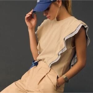 Anthropologie Beige Stripe Ruffle Detail Sleeveless Popover Top Women's Size XS